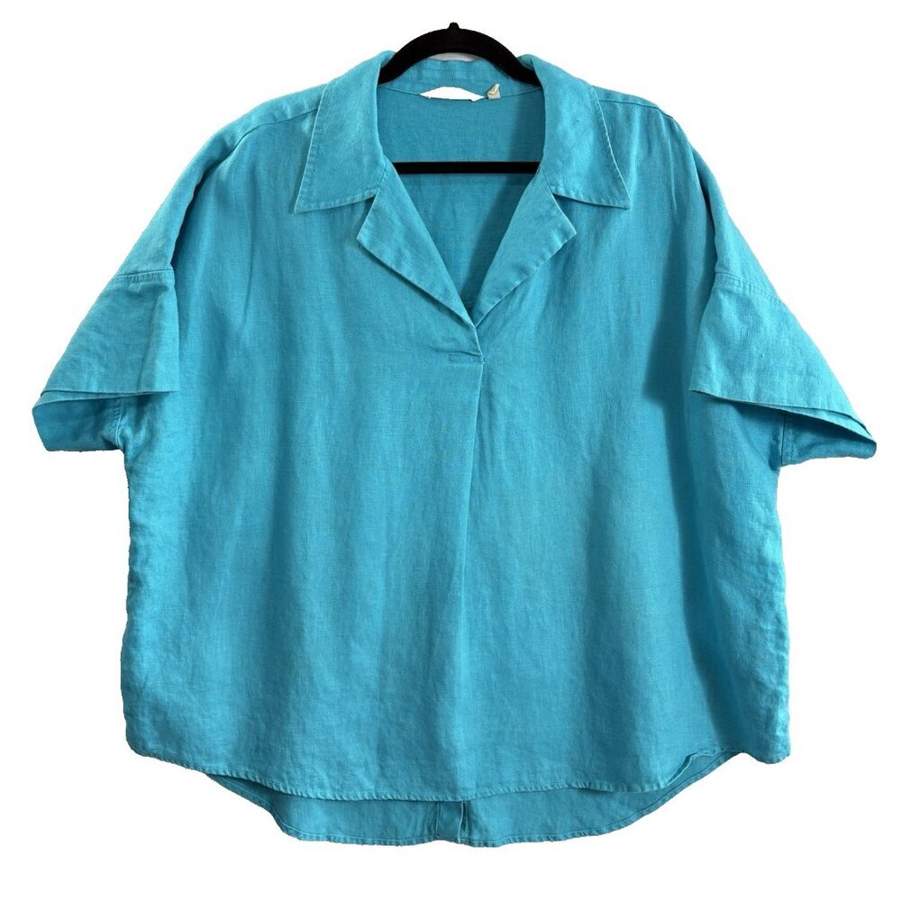 SOFT SURROUNDINGS Women Linen Short Sleeve Button Accents Tunic Sz 2x Blue 21-4
